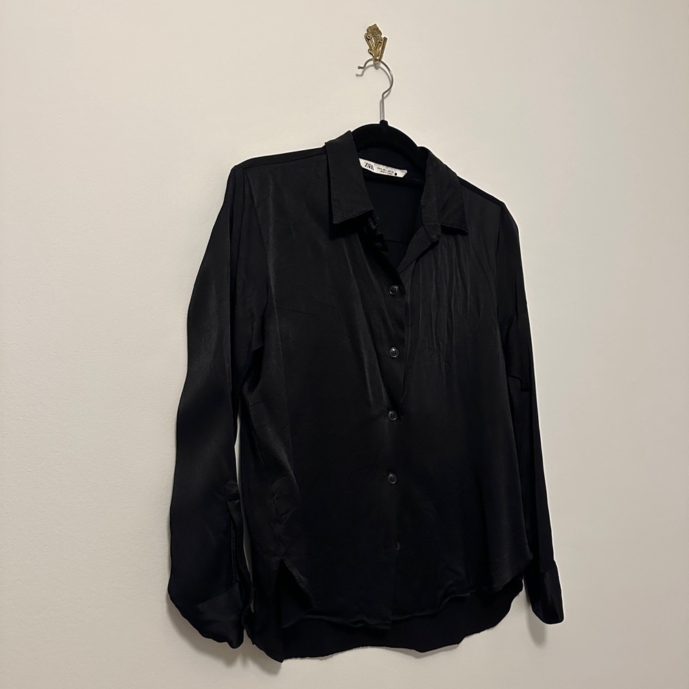 Zara Satin Black Button-Up Blouse Size Medium